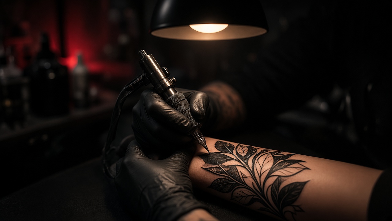 Manos con guantes negros tatuando un diseño botánico en un antebrazo