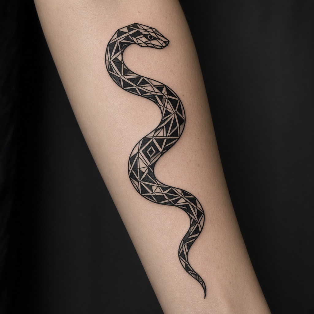 Tatuaje blackwork de una serpiente geométrica en el antebrazo