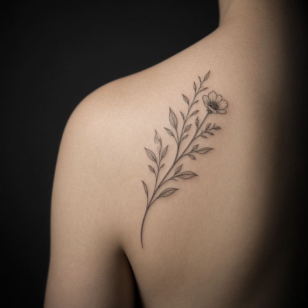 Tatuaje fineline de una rama con flores en el omóplato
