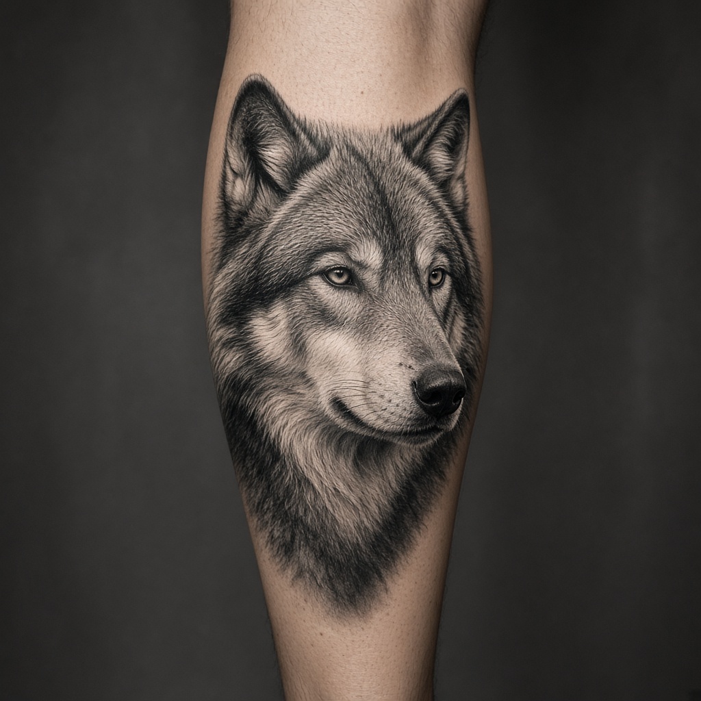 Tatuaje realista en negro y grises de un lobo en la pantorrilla